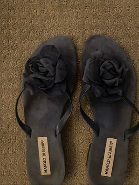 Manolo Blahnik Navy Suede Floral Thong Sandals
